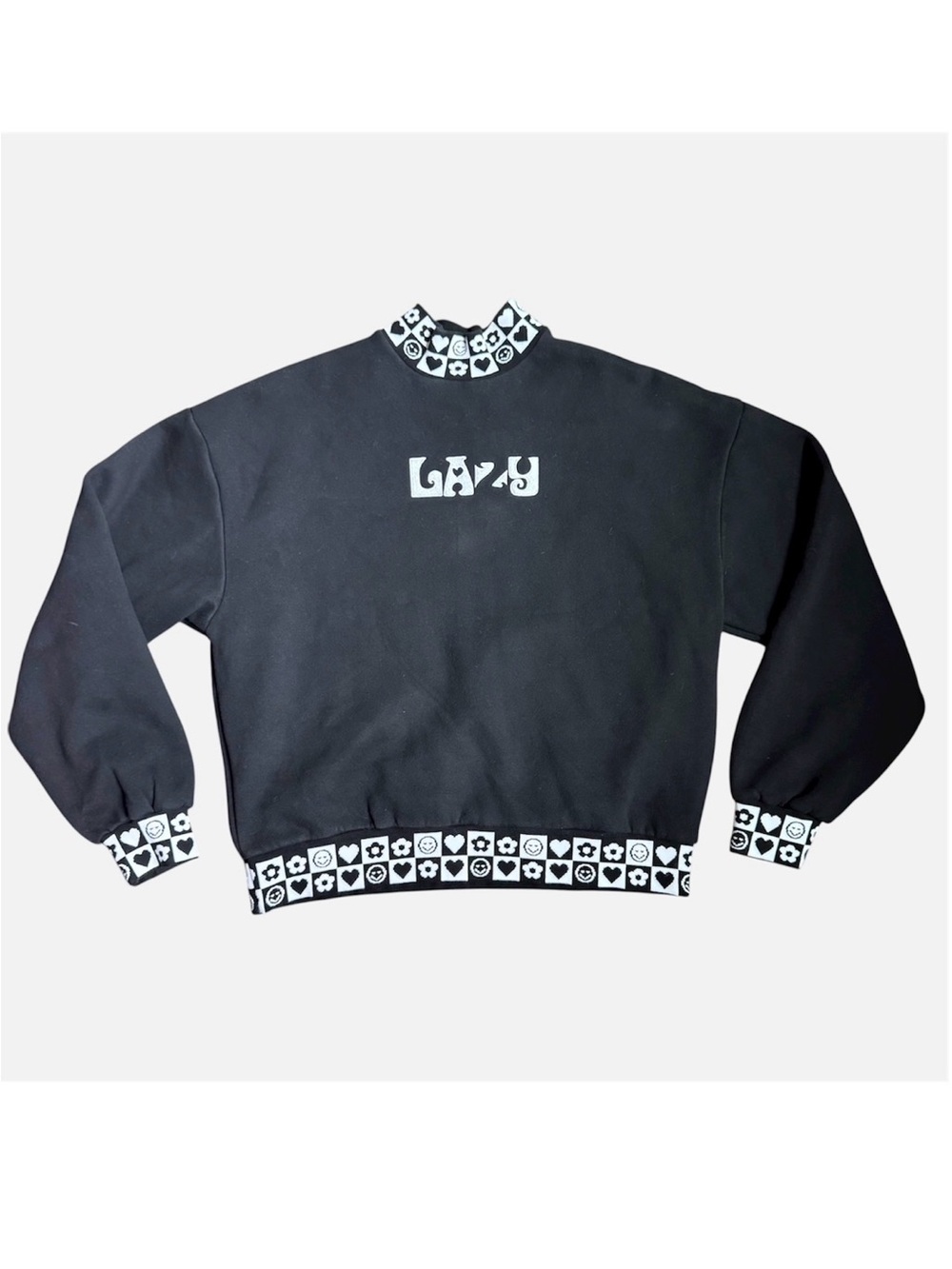 Lazy Oaf Black Sweatshirt Hearts Monochrome Mockneck y2k Women’s Small Medium - Picture 3 of 9